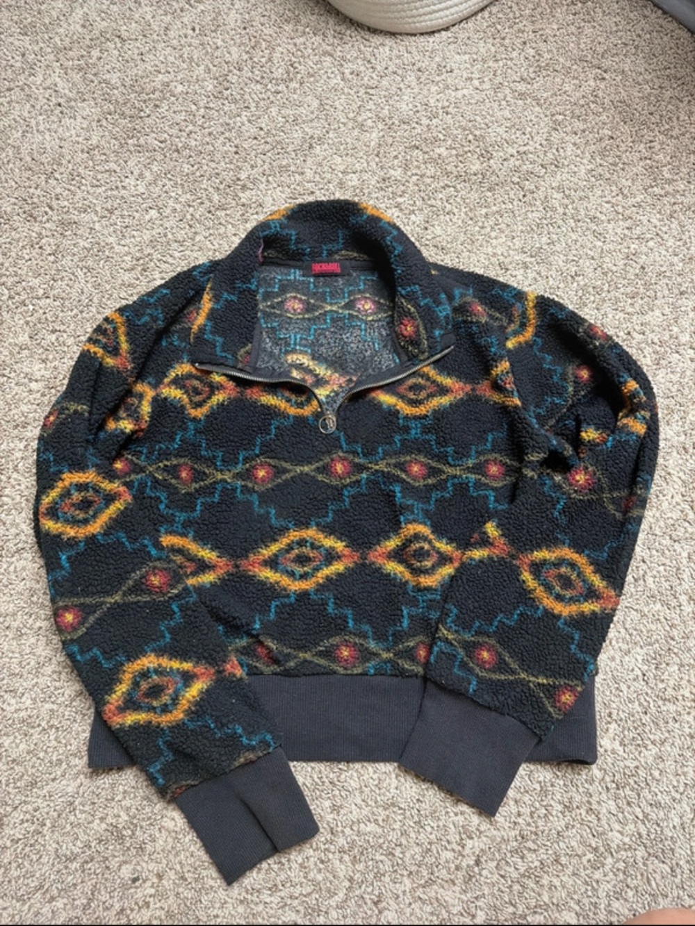 Men's Black Patterned Sherpa Quarter-Zip Pullover Sweater